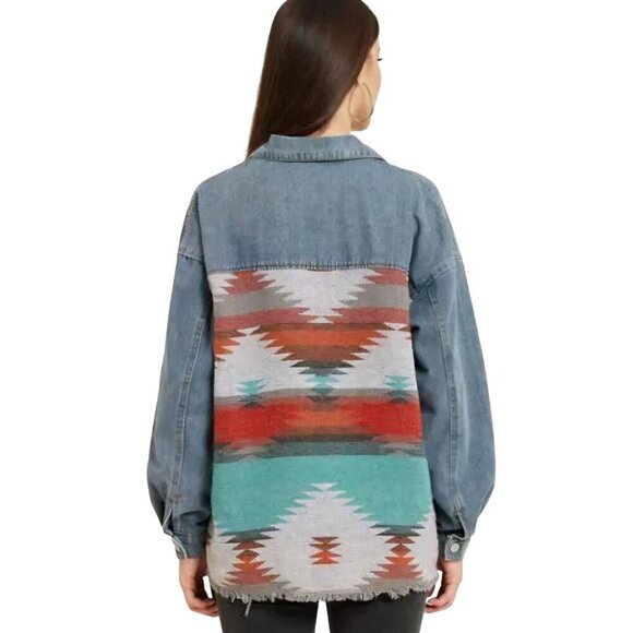 Denim Southwest Western Mixed Media Shacket Flap Pockets Raw Hem Size XL - Picture 4 of 11